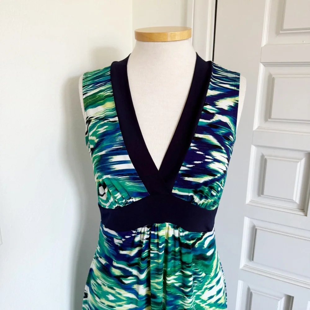 Enfocus Studio Maxi Dress Vibrant Green Blue White V-Neck Sleeveless Size 10